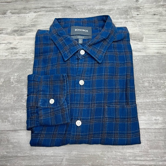 Bonobos Navy, Brown & Tan Plaid Flannel Shirt L - Picture 1 of 3